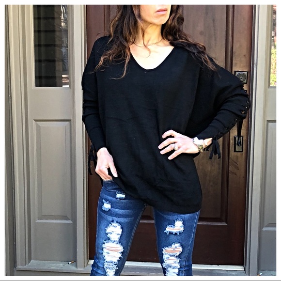 PARIS black V neck loose fit tie up detail sweater - Picture 2 of 8